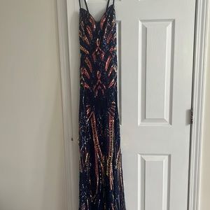Multi colored sparkly A line evening gown with front slit